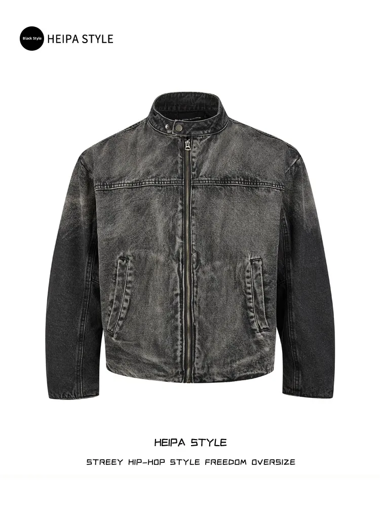 

Heavyweight Waed Vintage Cotton Denim Motorcycle Jaet Men's American Retro Racing Stand Collar Jaet Loose Fit Long Sve