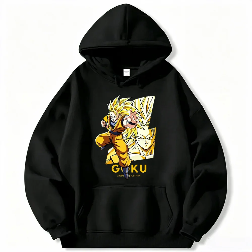 Dragon Ball Super Saiyan Goku Hoodie, schwarzer Kapuzenpullover mit Kordelzug, Goku-Motiv, Anime-Streetwear.