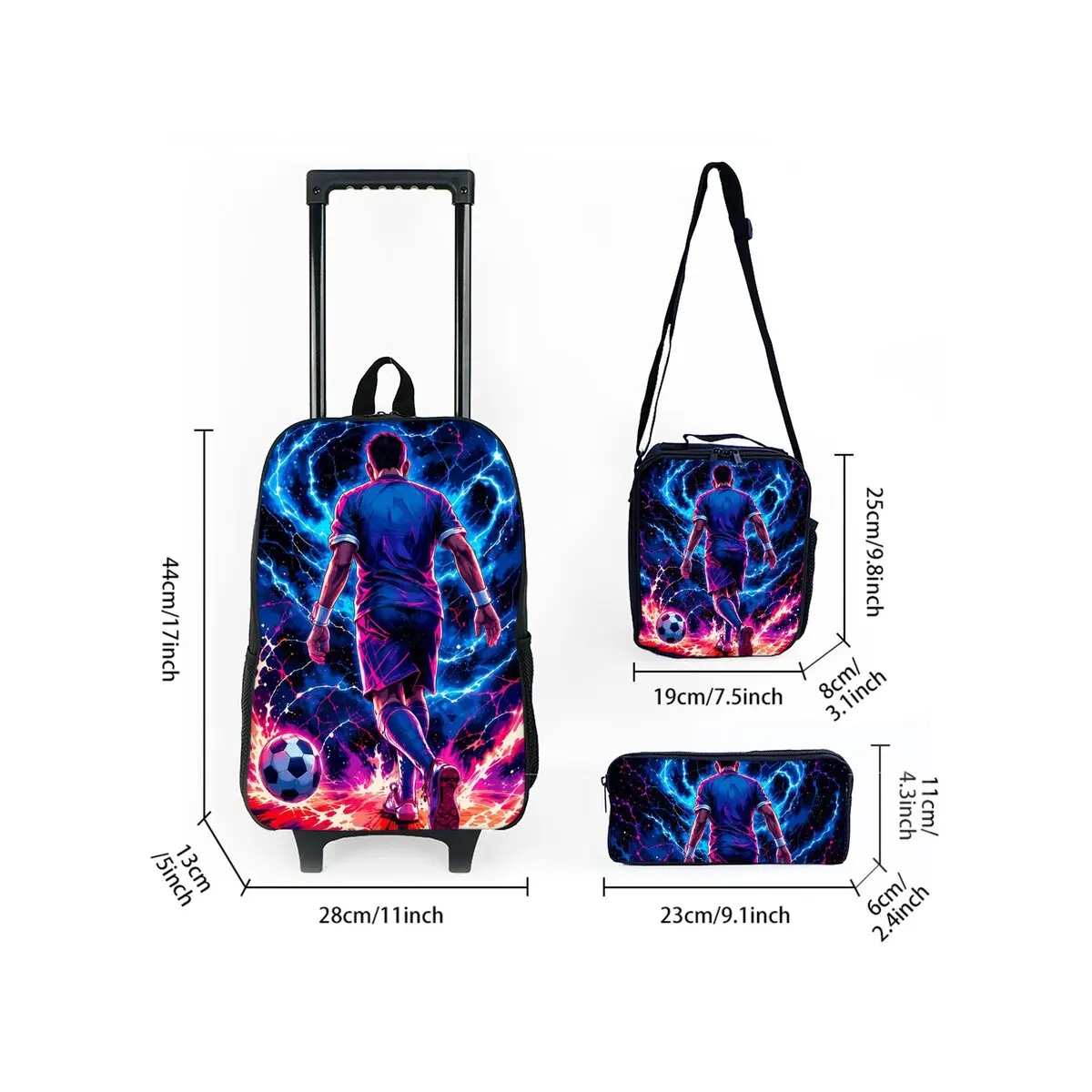 New Football Print Children's Wheeled Rolling Bag Set with Lunch Box Pen Bag with Wheels School Trolley Bag for Girl/Boys