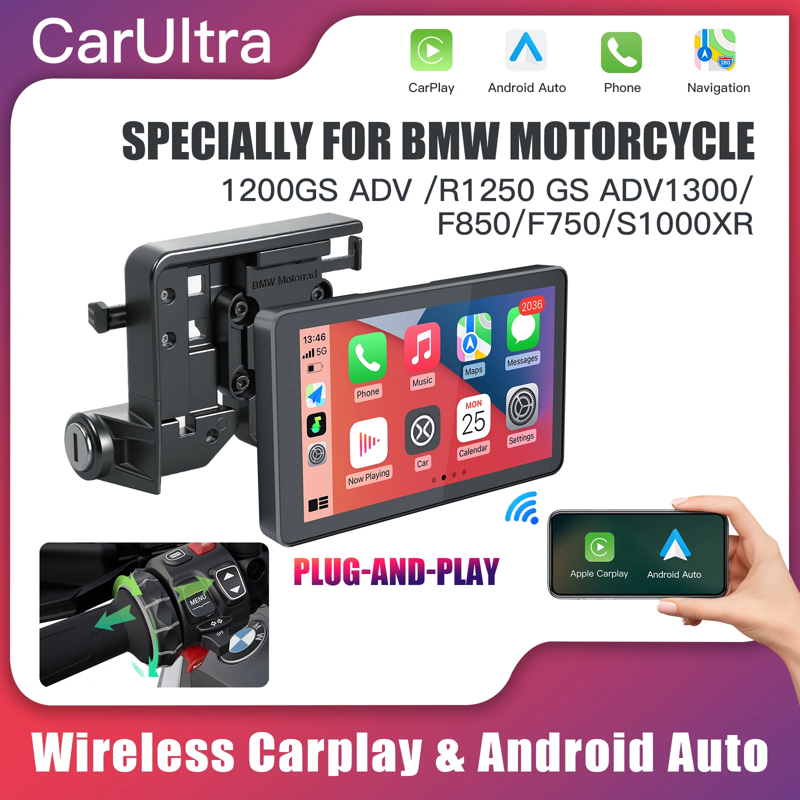 

Carplay для BMW XR M1000 R1200GS R1250GS S1000XR R1300GS 6-дюймовый портативный мотоциклетный навигатор CarPlay Android Auto Navigator