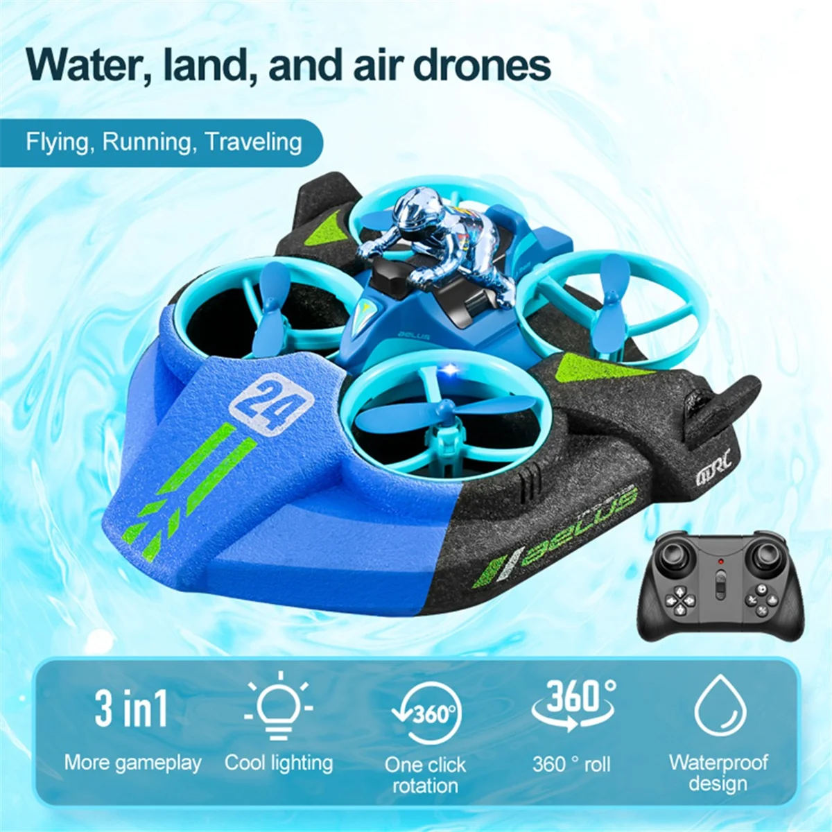 A44U Mini RC Drone Headless Mode 3 in 1 Sea Land Air Flight 2.4G Remote Control Quadcopter Boat RC Helicopter Toys Green