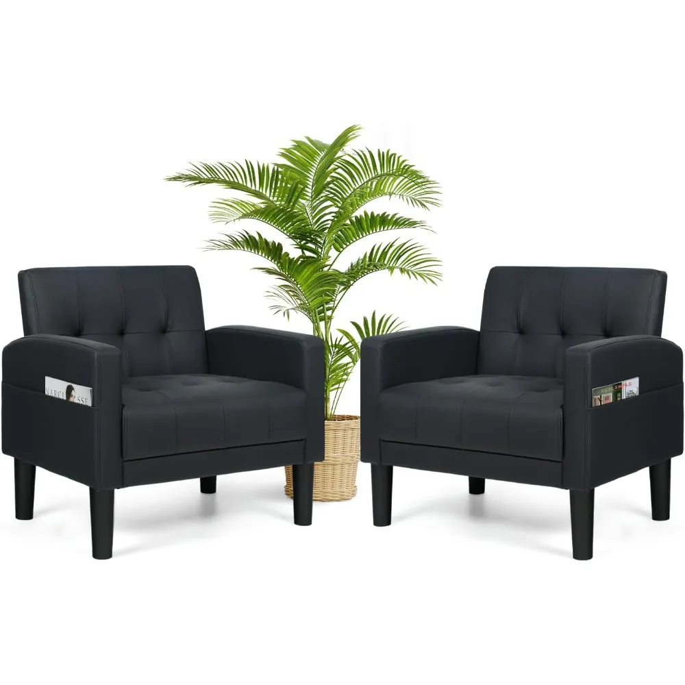 AILEEKISS Accent Chairs Set of 2 for Living Room, Upholstered Comfy Armchair, Modern Leather Single Sofa Chair with Side Pockets