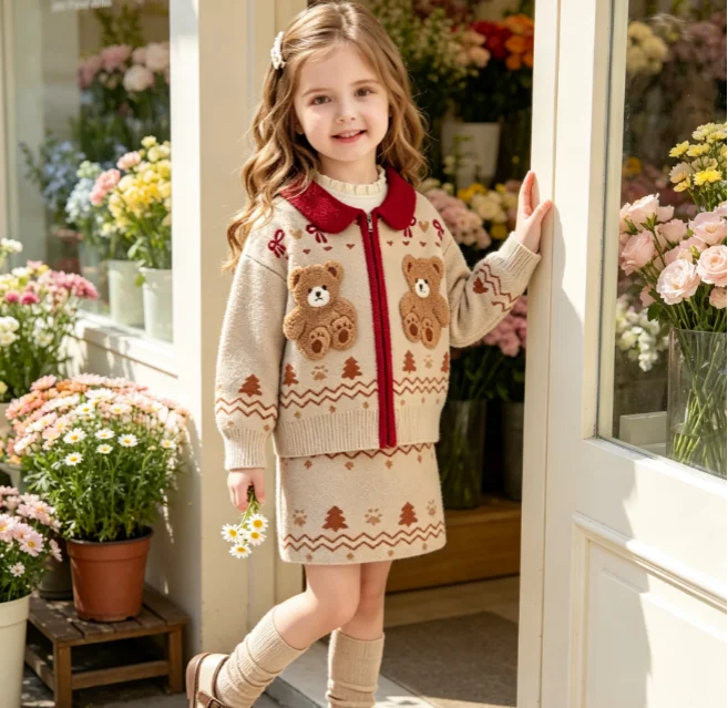 Girls suit 2026 autumn/winter new children's wear Baby girl cute cartoon jacquard embroidery knit coat and skirt two-piece set
