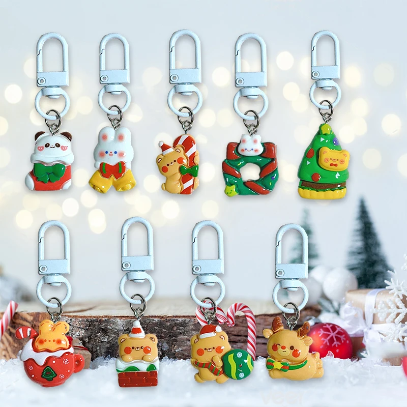 Carino natale portachiavi cartone animato orso coniglio albero di natale calzini alce ciondolo portachiavi telefono Charms zaino Car Bag Decor