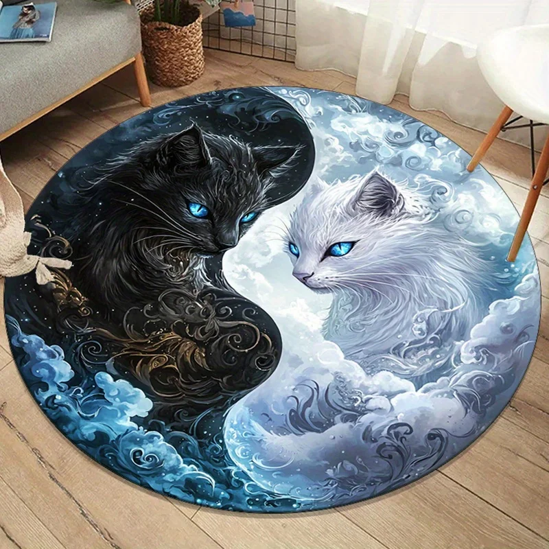 

1pc Black and white Yin Yang cat pattern round rug interior decoration carpet non-slip design chair rug Christmas decoration
