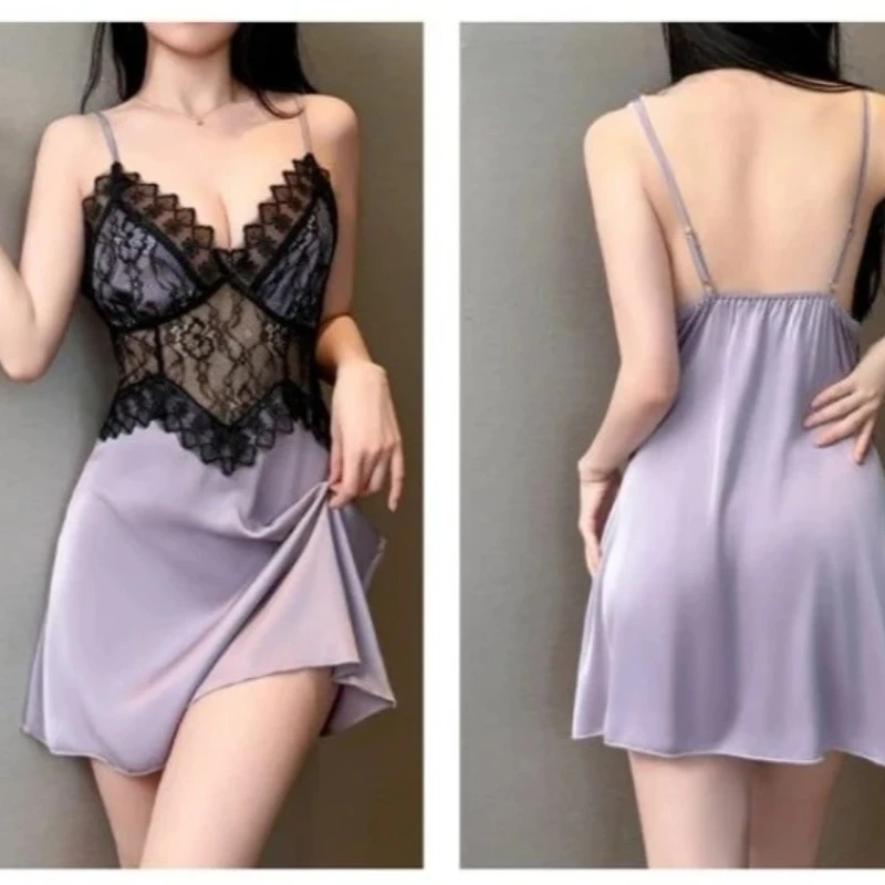 

2025 Women's Sleep Dresses Sexy Sleepwear Lace Sexy Sleep Dress with Padded Bra Transparent Waist Lace Cutout Spaghetti Strap