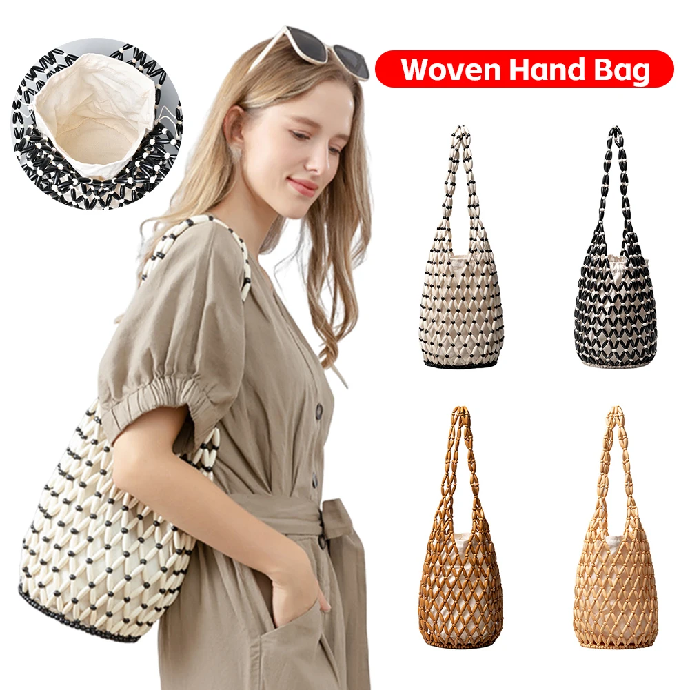 

Wooden Beading Hollow-out Tote Bag for Holiday Travels Date Bucket Shoulder Bag Handmade Beaded Shoulder Bag for Women Bags