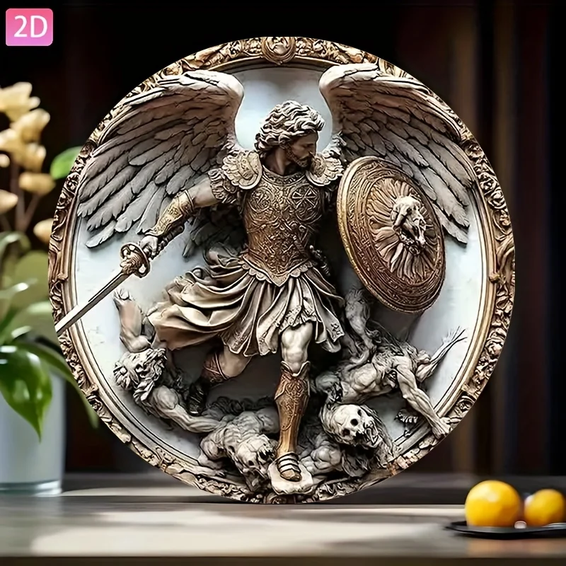 2D Flat - 1pc of 7.8-Inch Round Aluminum Wall Art Featuring Archangel Michael, Perfect for Vintage Decor in Various Settings Suc