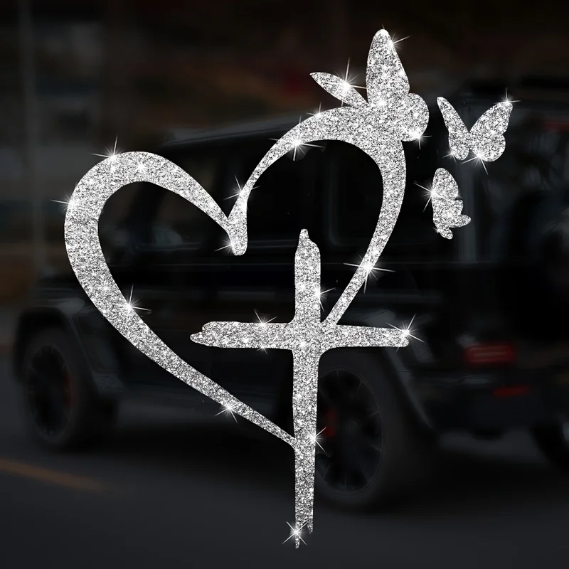 1pc Butterfly Love Cross Sticker Sparkling Reflective Car Door Window Body Truck Decal Home Window Glass Laptop