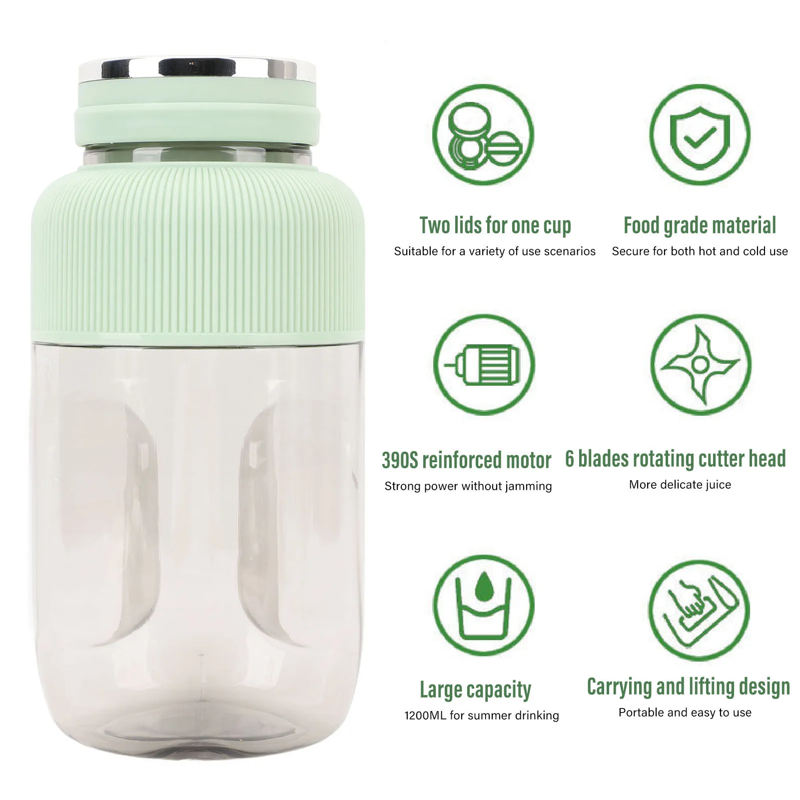 كوب خلاط كهربائي محمول 18000 دورة في الدقيقة عصارة لاسلكية 1200 مل للاستخدام الخارجي يجعل العصائر والمخفوقة