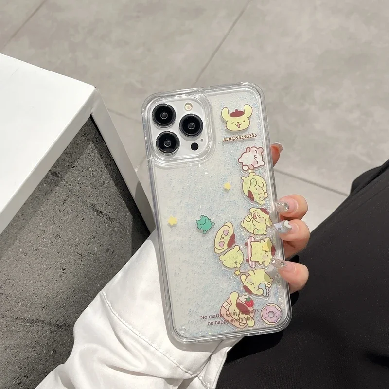 Cute Cartoon Sanrio Pompompurin Bling Glitter Quicksand Phone Case For iPhone 15 14 13 12 11 Pro Max Clear Hard Back Cover