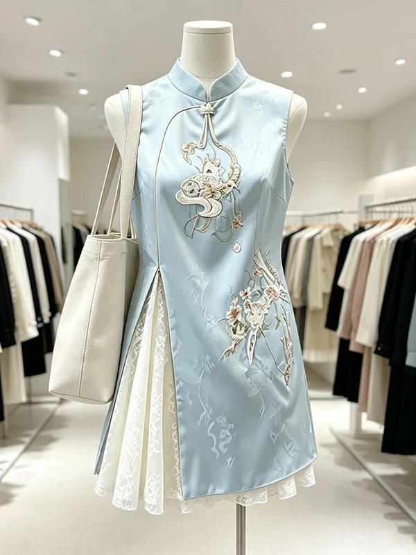 

Large Size Women's Summer New Chinese Embroidery A-Line Mesh Short Skirt Two-Piece Set Casual High Waist Floral Print