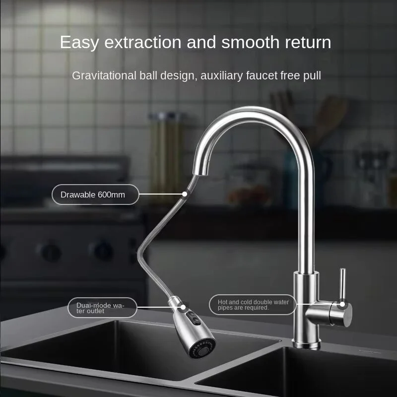 2025 two water flow modes stainless steel faucet bathroom sink single hole pull-out 360-degree rotating spout cleaning faucet