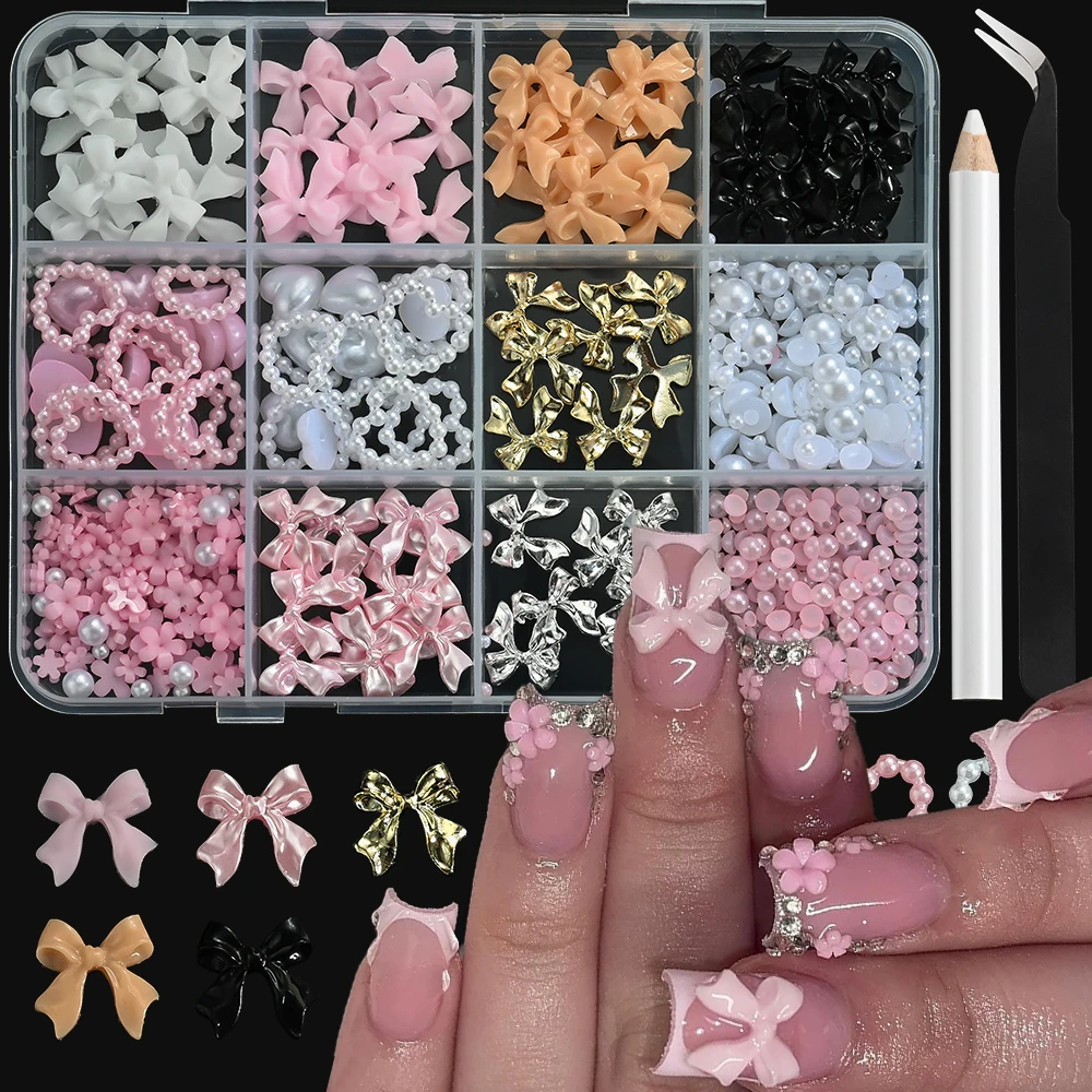 

12Grids Pink Bow Heart Flowers Nail Accessories Kit 3D Pearl Metal Bowknot Acrylic Flower Nail Charms Y2k Mix Resin Manicure Dec