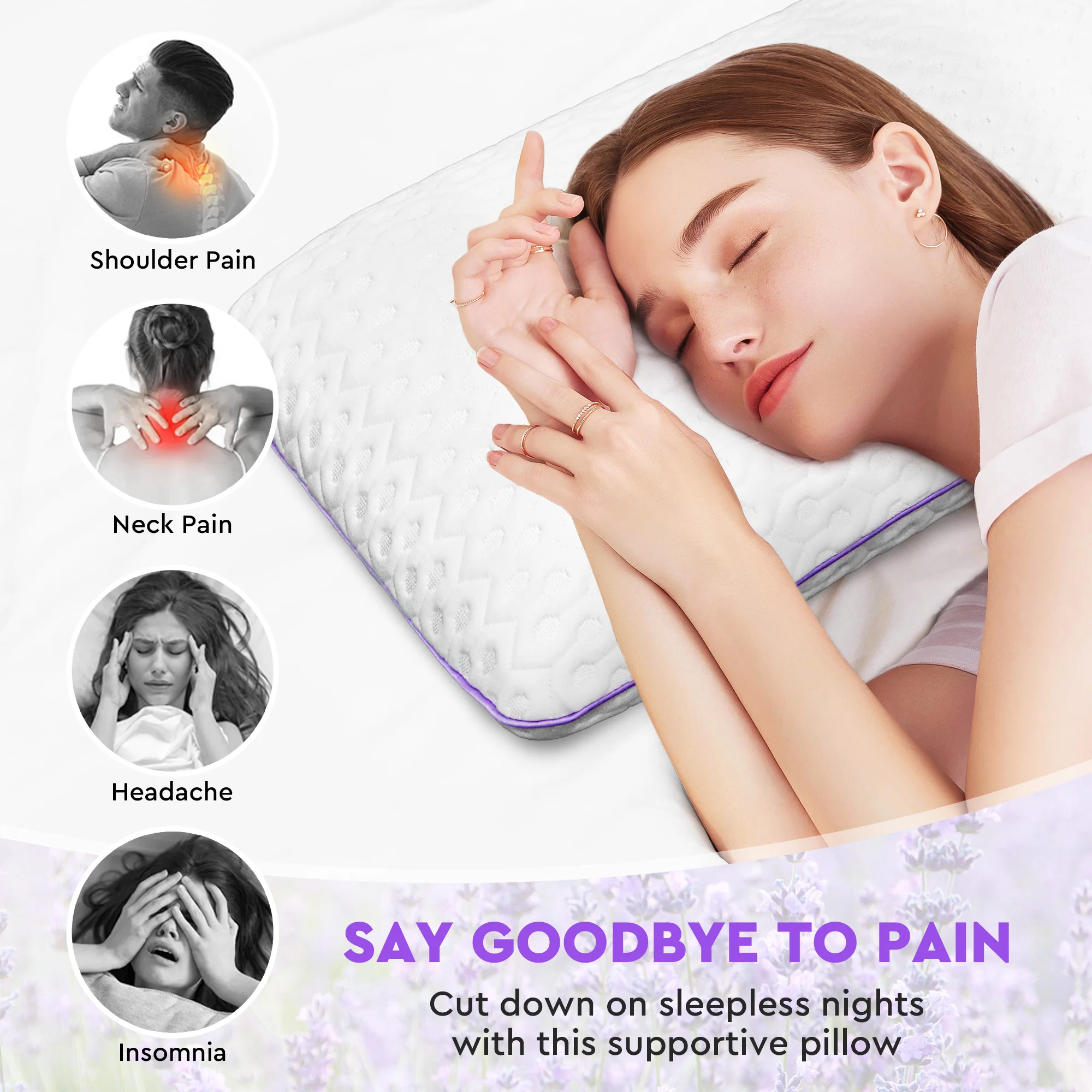 وسادة داخلية أرجوانية بحجم كوين وسادة من إسفنج الذاكرة مع رائحة لافندر للنوم الجانبي ودعم الظهر وتخفيف آلام الرقبة