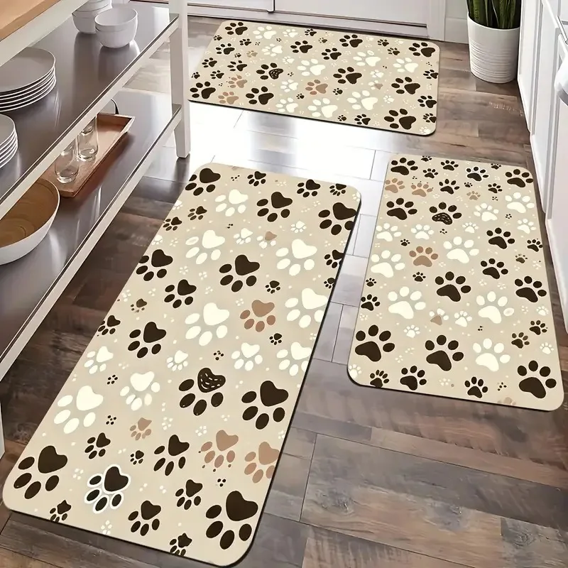 VIKAMA 3-Piece Cat-Themed Carpet With Dark Blue Border, Cute Cat And Green Leaf Pattern, Anti-Slip Kitchen Decoration