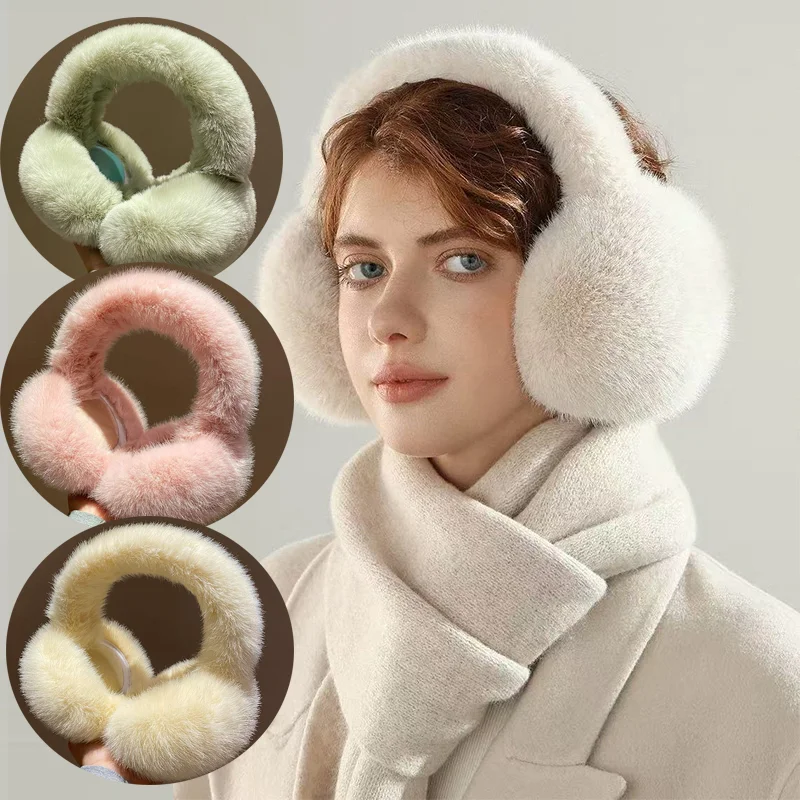 New Winter Women Imitation Rabbit Fur Plush Earmuffs, Cute Solid Color Warm And Antifreeze Foldable Earmuffs For Outdoor Sports