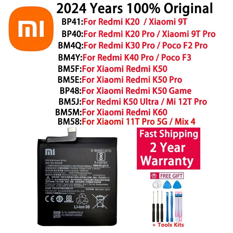 

Оригинальный аккумулятор 2024 года для Xiaomi Redmi Mi K20 K30 K40 K50 K60 Poco F2 F3 9T 11T Pro 5G Mix 4 12T Pro Game UItra Batteries