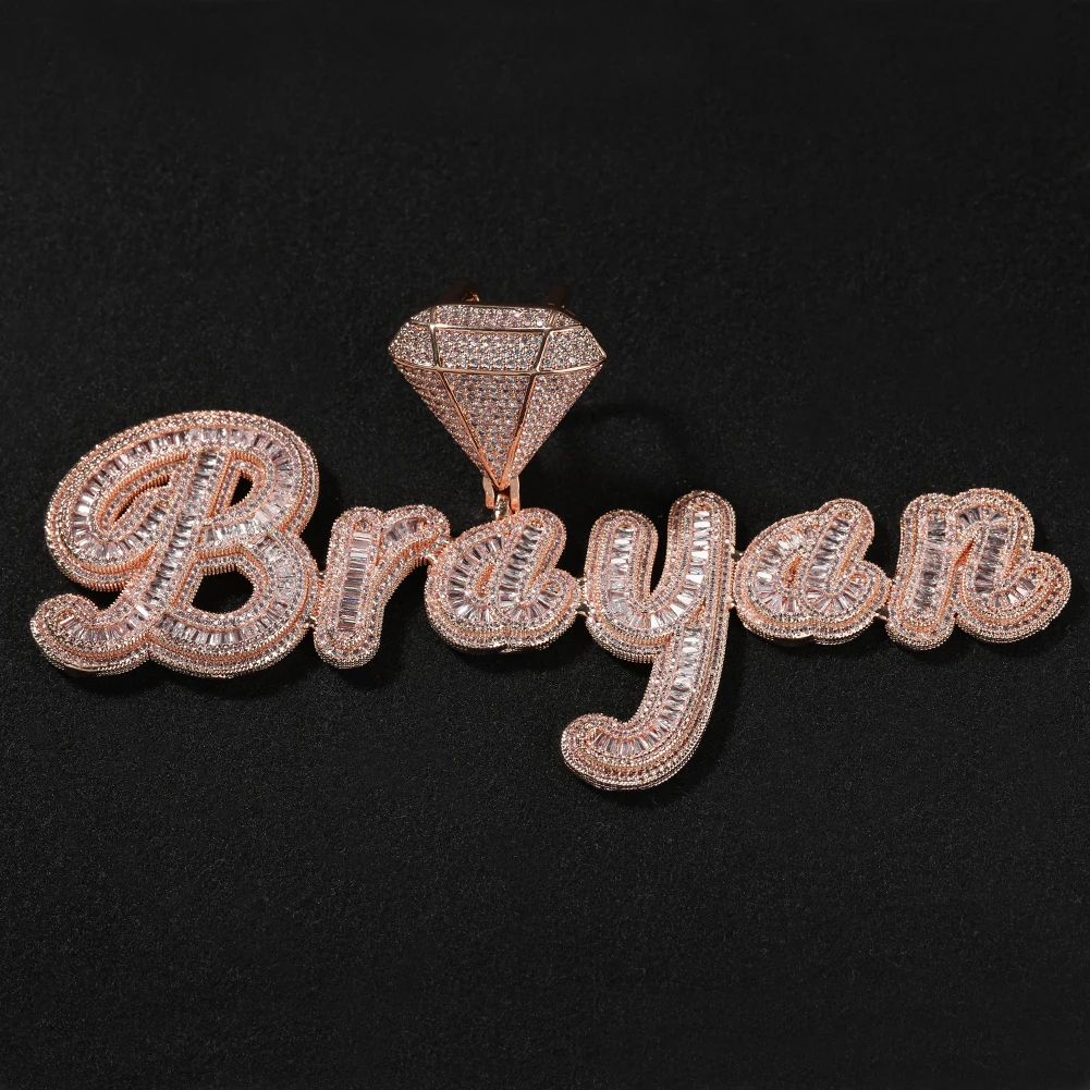 TBTK مخصص الماس الكفالة Baguettecz مخطوطة رسائل اسم قلادة قلادة مثلج خارج تشيكوسلوفاكيا سلسلة قلادة الهيب هوب مجوهرات