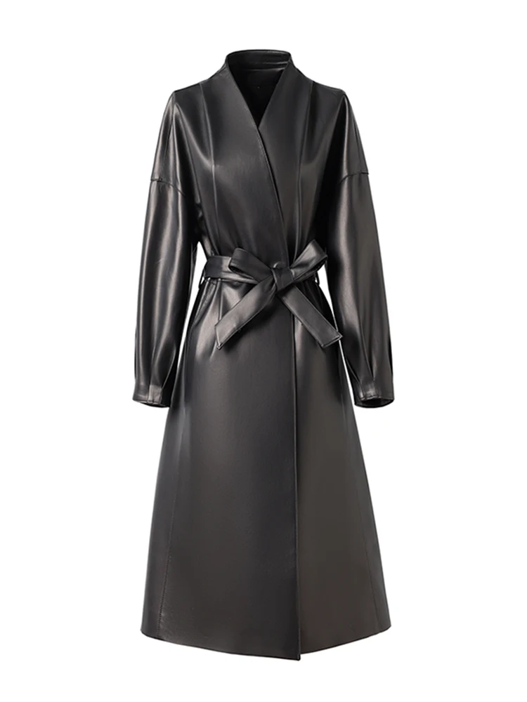 2025年新作 レディース エイプスキンレザー ジャケット スリムフィット ロングコート Vネック 通勤 スタイリッシュ レギュラー丈 ロング