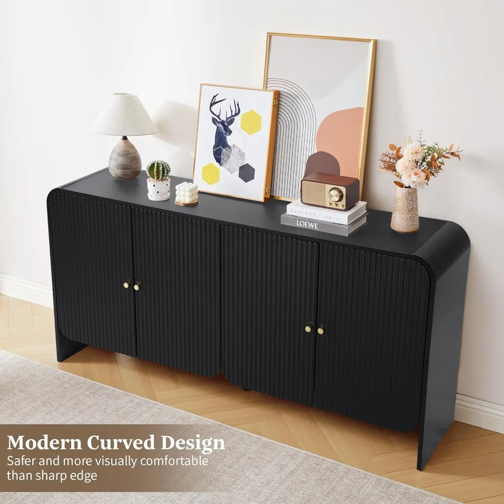 Fluted Sideboard Buffet Cabinet with Storage, 59'' Curved Buffet Cabinet with 4 Doors & Shleves, Modern Credenza, Customized