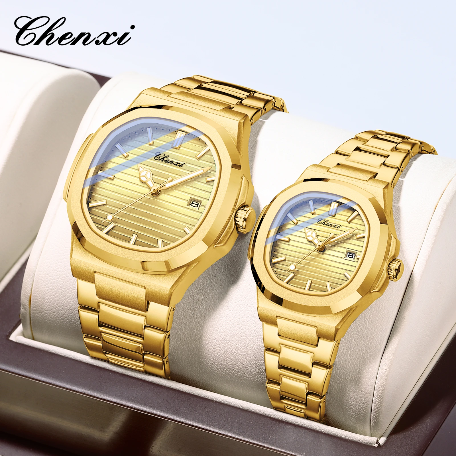 CHENXI 8222 1piece Golden New Couple's Watches Fashion Stainless Steel Band Luminous Men Women Analog Lover's Quartz Watches