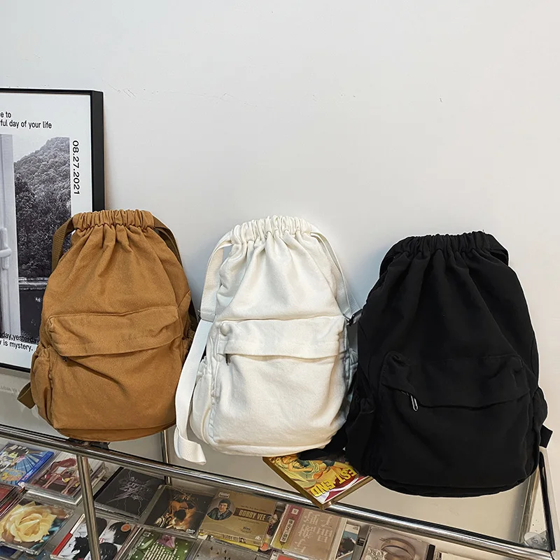 Canvas Drawstring College Backpack Fashion Anti-Theft Backpack Solid Color Student Backpack Unisex Vintage Backpack Women