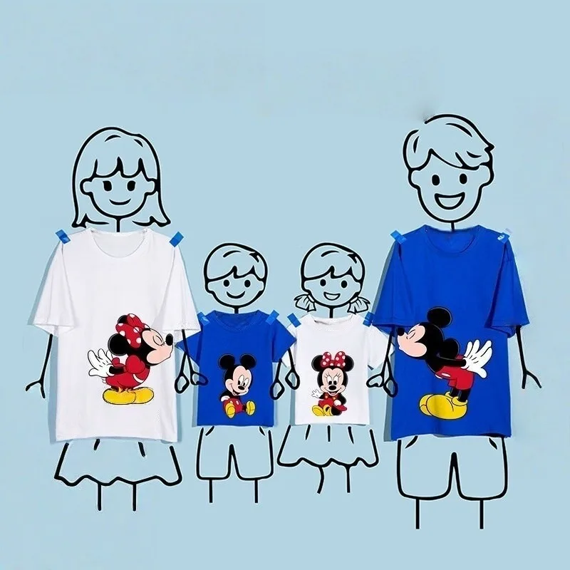 T-shirt en coton confortable à la mode pour l'été, Mickey et Minnie, baiser romantique, pour adultes, enfants, parents, couples, vêtements de sport