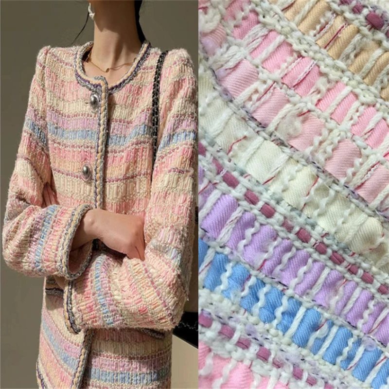 

Fresh Pink Rainbow Small Fragrance Ribbon Weaving High End Clothing Coat Skirt Blended Tweed Fabric DIY Handmade Textile By Yard