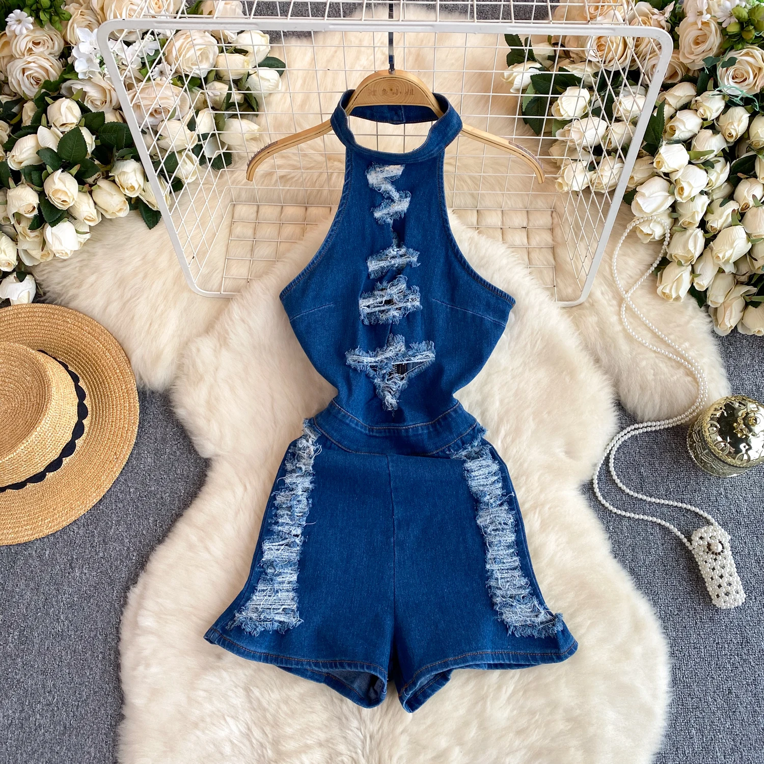 

Women Denim Playsuit Summer's New Backless High-waisted Slimming Halter Neck Jumpsuit For Women