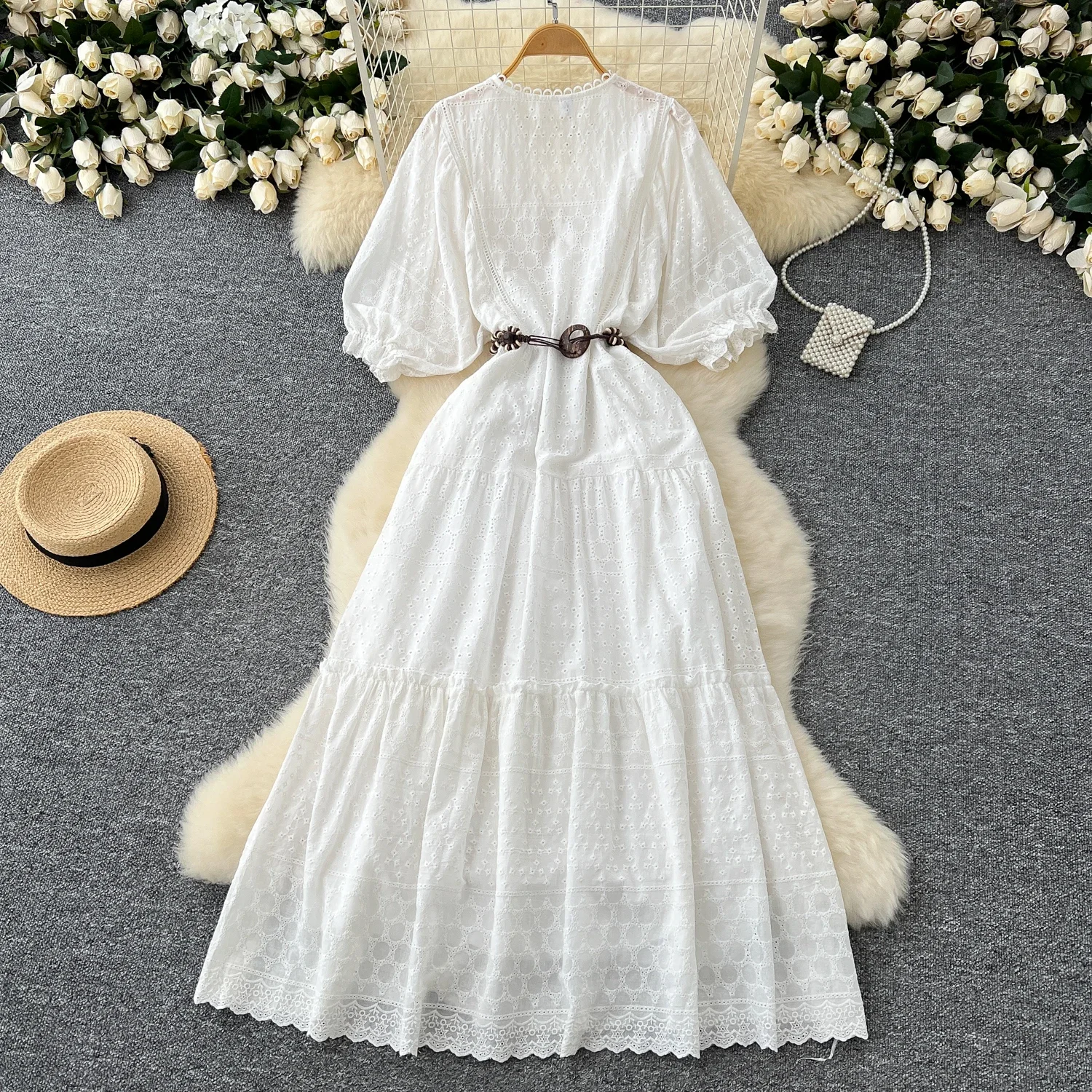 Chic V-neck Elegant Short Lantern Sleeve Slim Sashes High Street Embroidered Women Vintage Korean Fashion Vacation Summer Dress