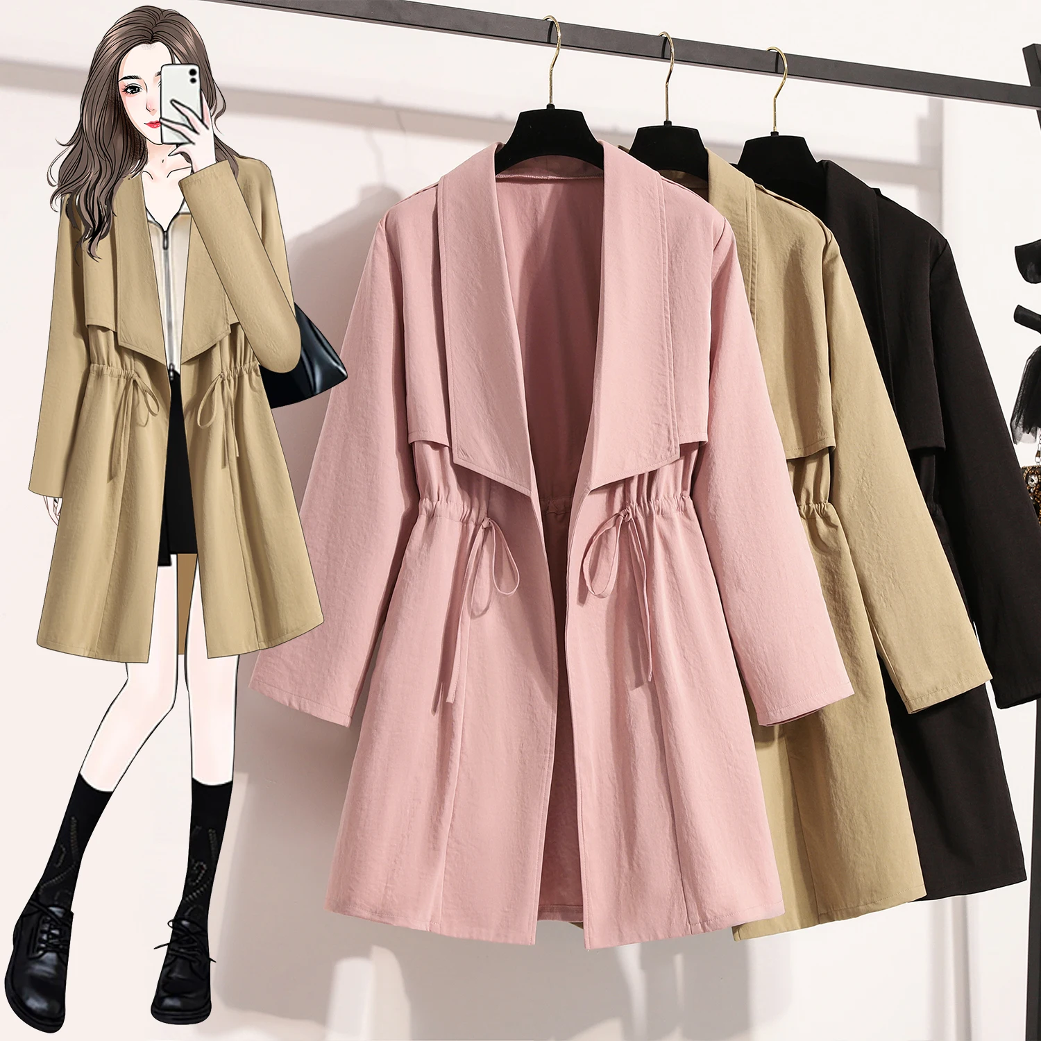 

Trench Long Coat Woman Autumn Winter Simple Japanese Traditional Upper Apparel European American Sense Splicing White