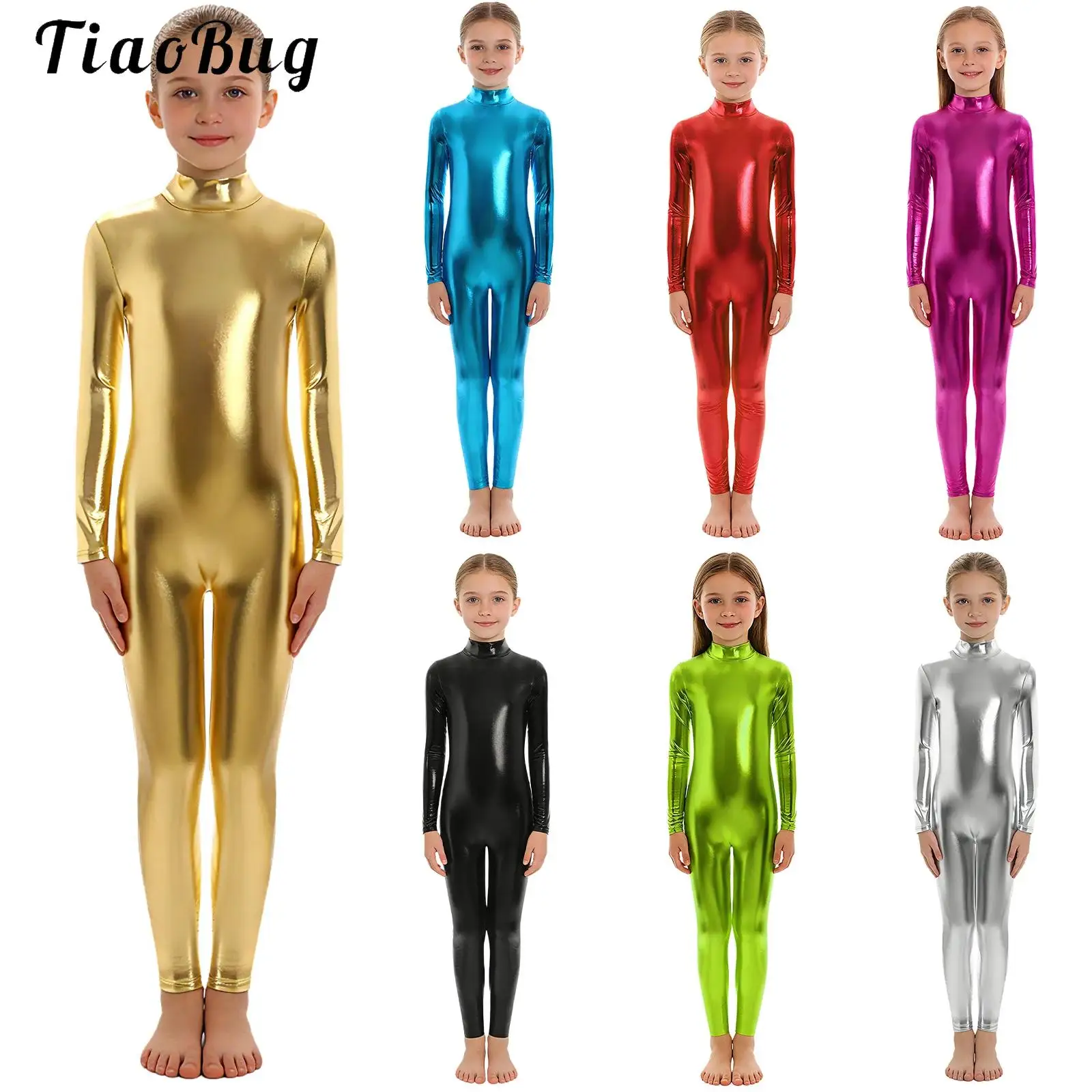 Kids Boys Girls Long Sleeve Metallic Dance Gymnastic Leotard Mock Neck Full Body Unitard Shiny Catsuit