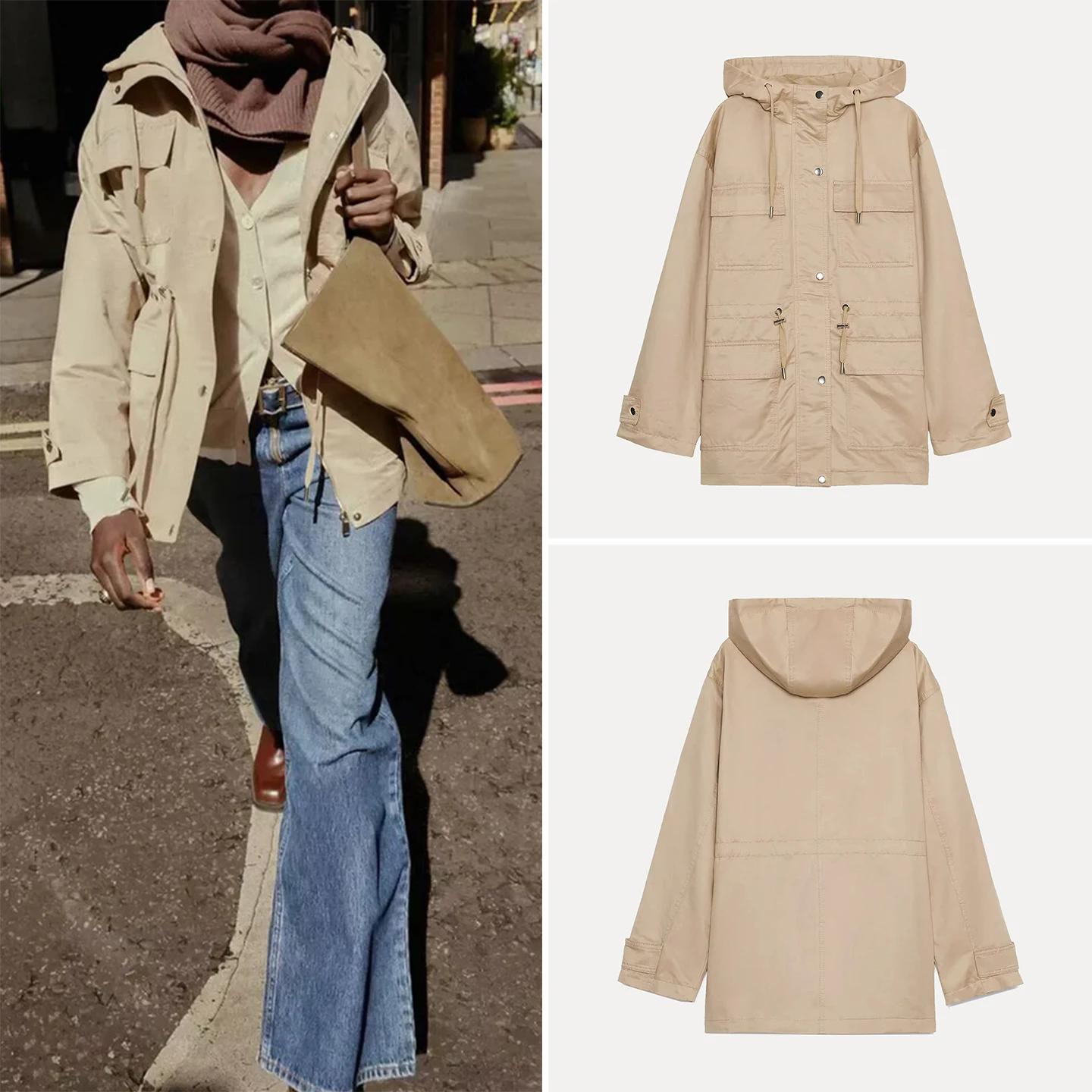 

2025 Autumn New Women's Sle Design Multi-ket Hooded Jaet Commute Loose Fit Long Sve Other Material Outerwear