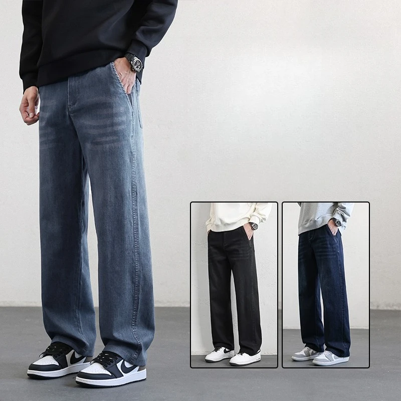 

New Straight Jeans Man American Style High Street Retro Loose Casual Jeans Men's Elastic Waist Wrinkle-free Breathe Trousers