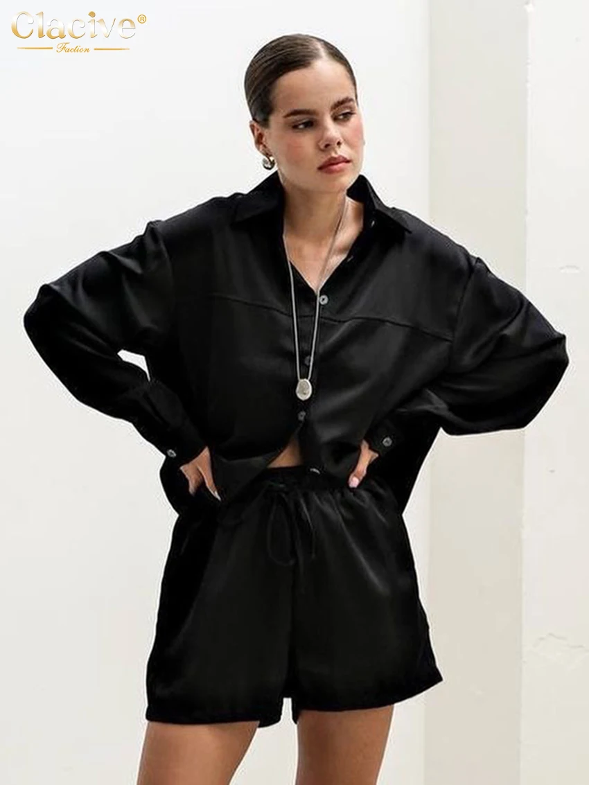 

Clacive Fashion Loose Black 2 Piece Set Women Outfit 2025 Elegant Long Sleeve Shirt With High Waist Shorts Set Female Streetwear