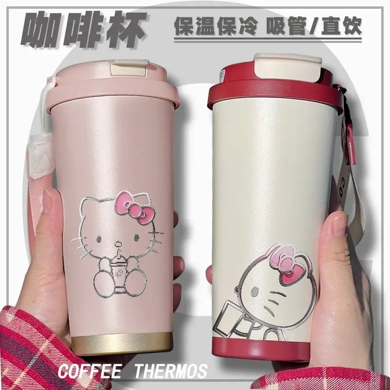 

Hello Kitty Anime Kawaii MINISO Ins Fashion Double Drink Thermos Cup Cute Cartoon Portable Straw Coffee Cup Gifts for Girls