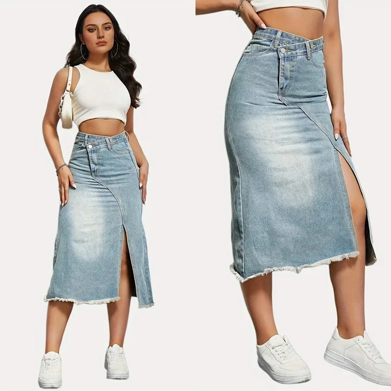 Women Skirts Denim Dress Wrap Buttocks High Street Sexy Solid Patchwork Spliced Ankle Length Slim Fit Pockets Slight Strech