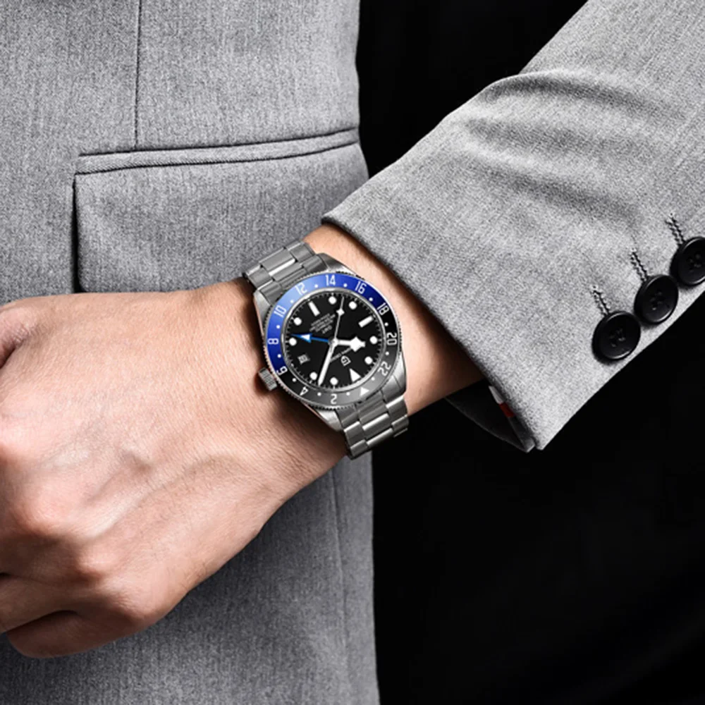 2025 جديد PAGANI DESIGN GMT ساعات رجالية فاخرة ساعات آلية للرجل ساعات المعصم التلقائية الياقوت مرآة ساعة مع صندوق