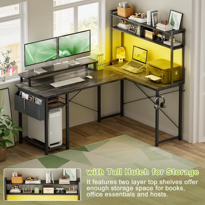 (UUX) L Gaming Power Outlets, 48" L Shaped LED Computer Desk with Monitor Stand & Storage Shelf, Corner Gam UQ