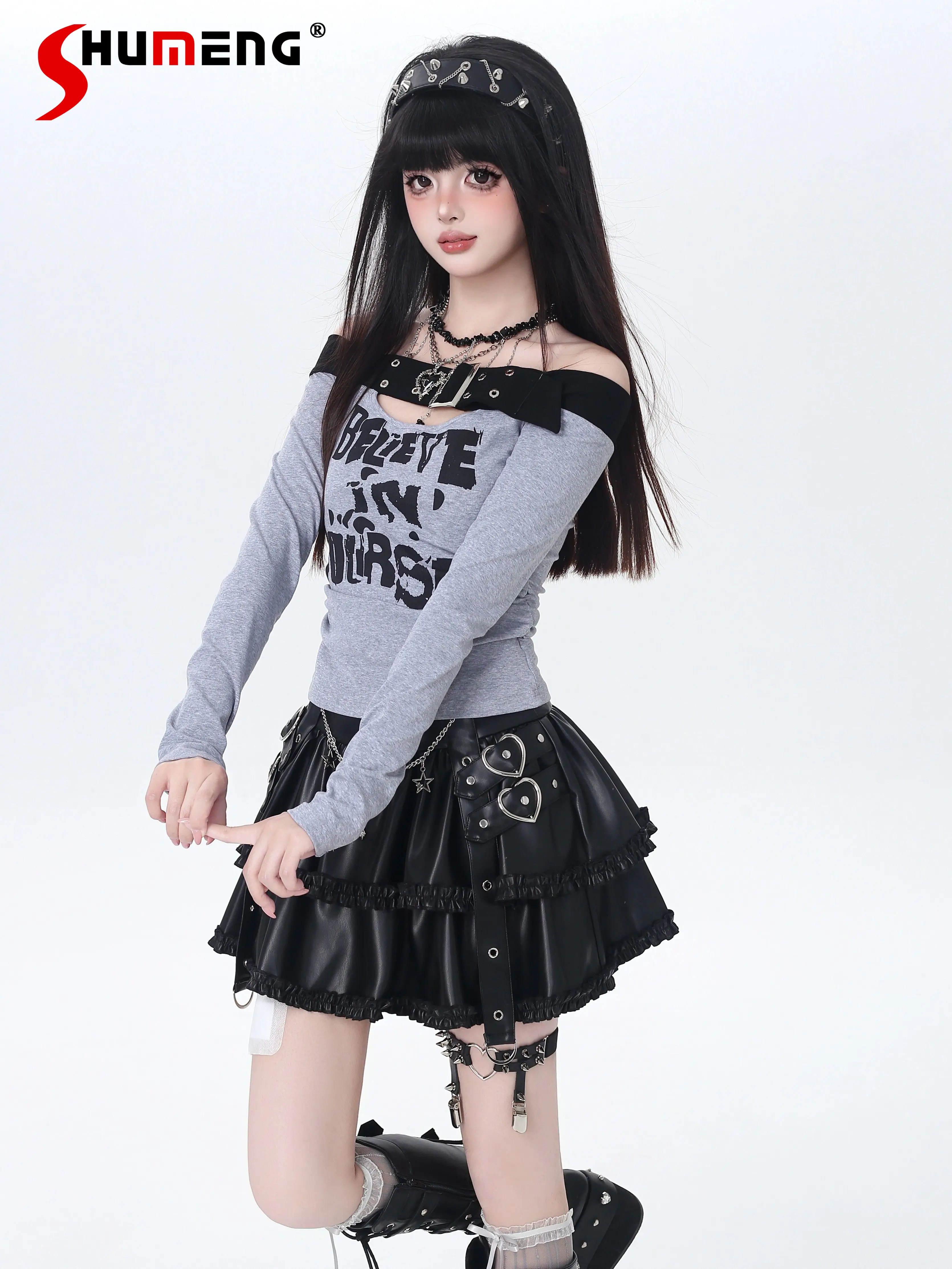 

American Highstreet Sweet Cool Girl Y2K Crop Tops Off Shoulder Long Sleeve Letter Print Versatile T-shirt for Women 2026 Spring