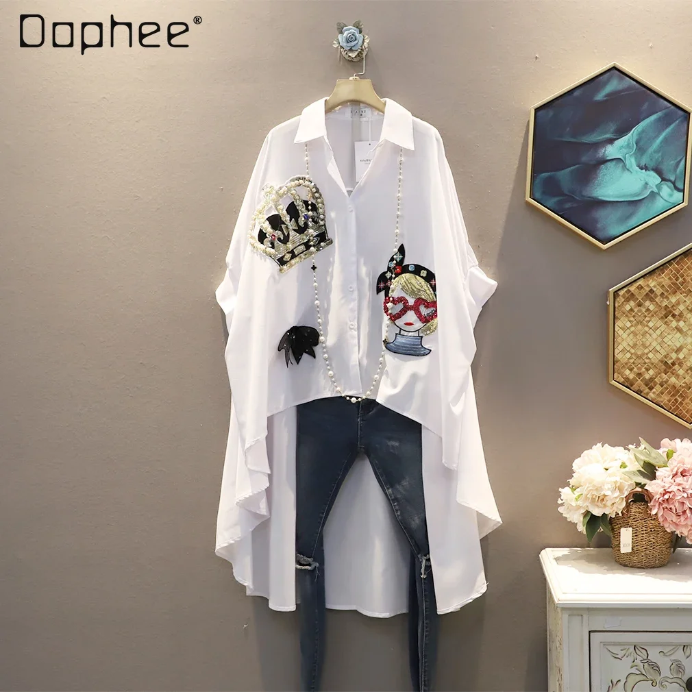 2024 Autumn New Polo Collar Sequined Patch Asymmetrical Korean Style Leisure Trendy Short Sleeve Shirt Top  Blouse