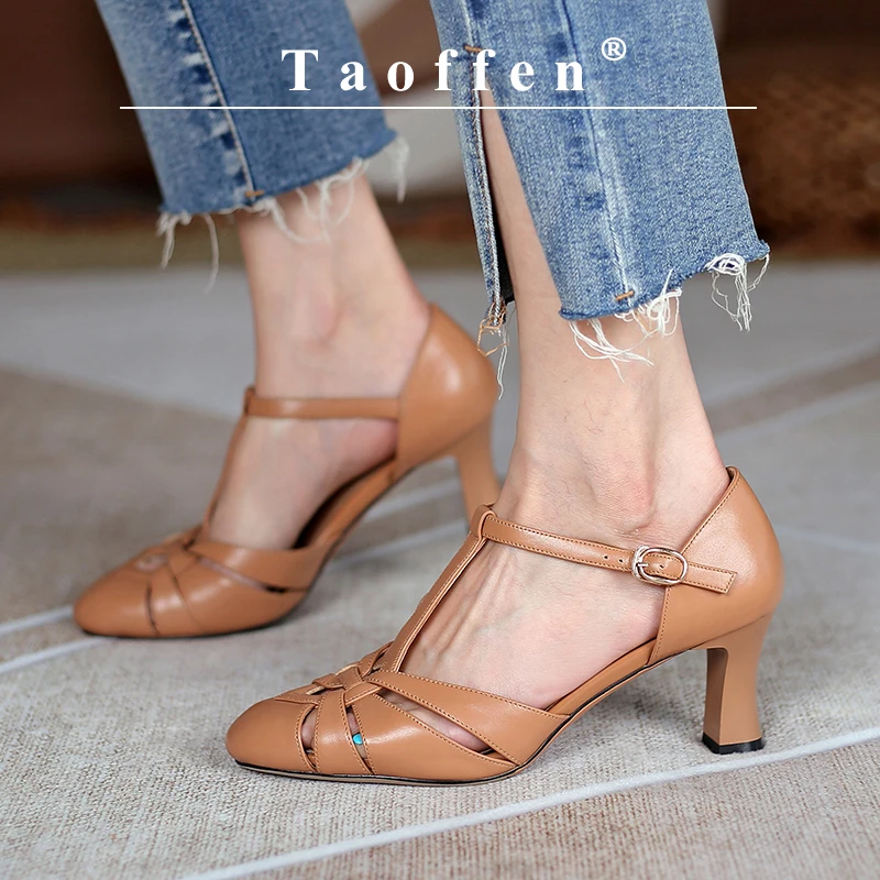 Brand Genuine Cow Leather Sandals Mid Heels Women Gladiator Sandals Closed Toe Retro Roma Sandals T Strap Heels 2023 Trend