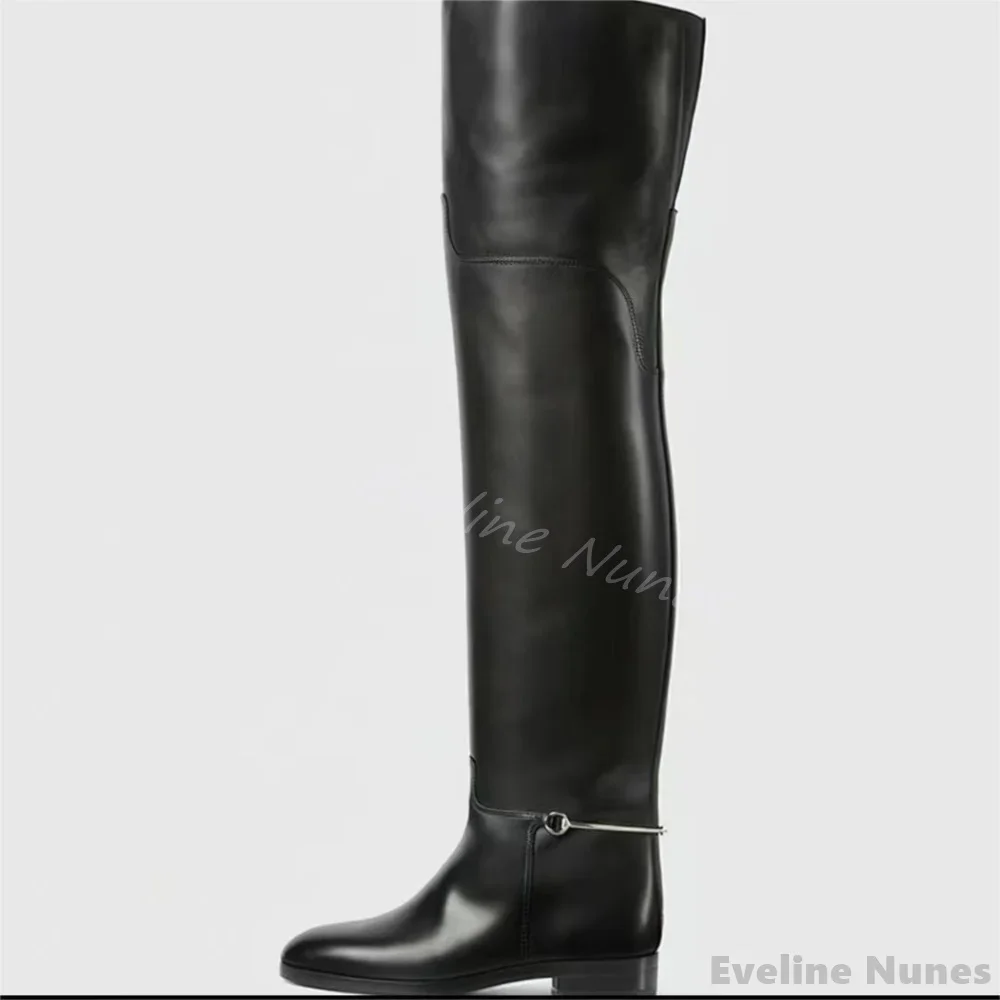 Patent Leather Metal Buckle Knee Boots Women Round Toe Flat Chunky Heel Slip On Biker Boots 2025 New Fashion Design Long Boots