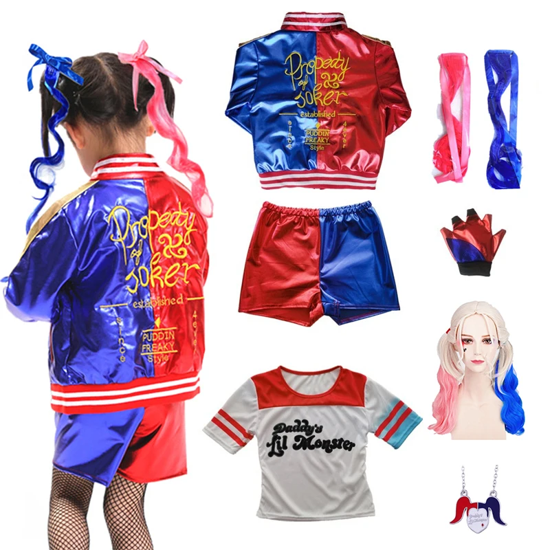 Girls Harley Squad Monster Jacket Shirt Quinn Cosplay Costume Embroidery Coat Shirt Pants Gloves Suicide Quinn Halloween Costume