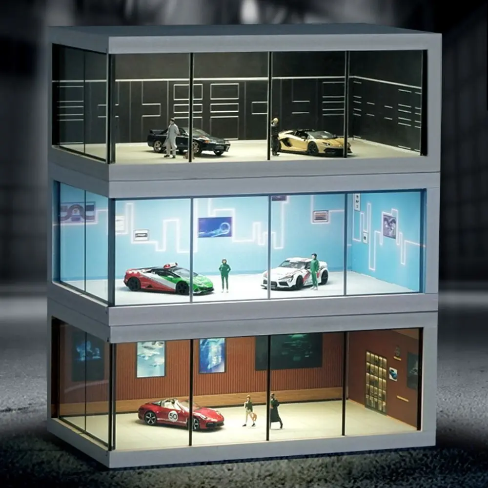 1/64 Scale Car Model Showroom Simulate Exhibition Hall Garage Scene Model Dust Cover With Light Miniature Car Garage Collection