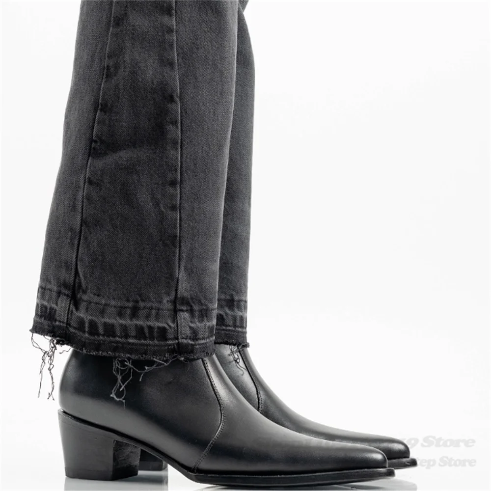 รองเท้าบูทเชลซีส้นสูงหัวแหลมสีดำผู้ชายหนังแท้สไตล์อังกฤษมีซิปด้านข้างทันสมัยหรูหราเหมาะสำหรับธุรกิจและงานทางการ