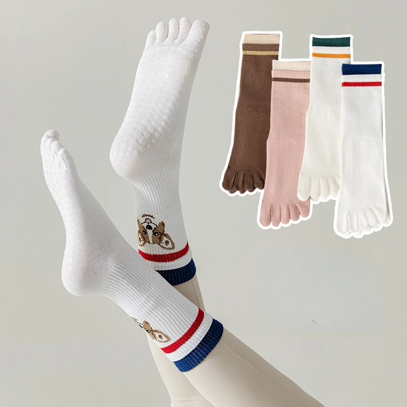 1 Pair Women Yoga Socks Cartoon Anti Slip Silicone Gym Pilates Ballet Fitness Sport Socks Cotton 5 Finger Protector Quick-Dry