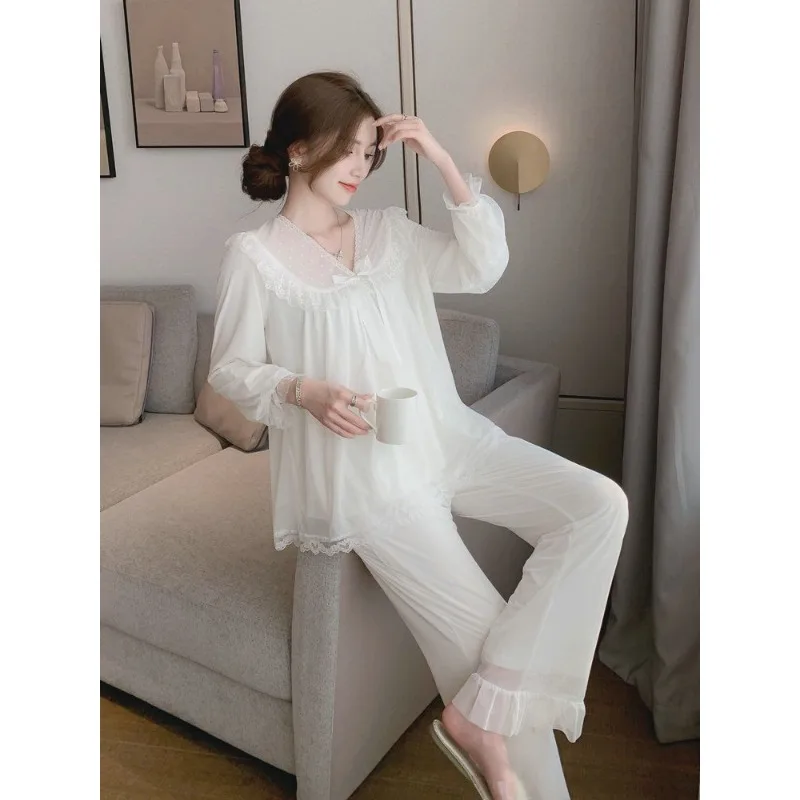 Pajamas Elegance Princess Sweet Lace White. Loungewear Can Worn Outside Sleepwear Spring Autumn Long-sleeved Two-piece Set