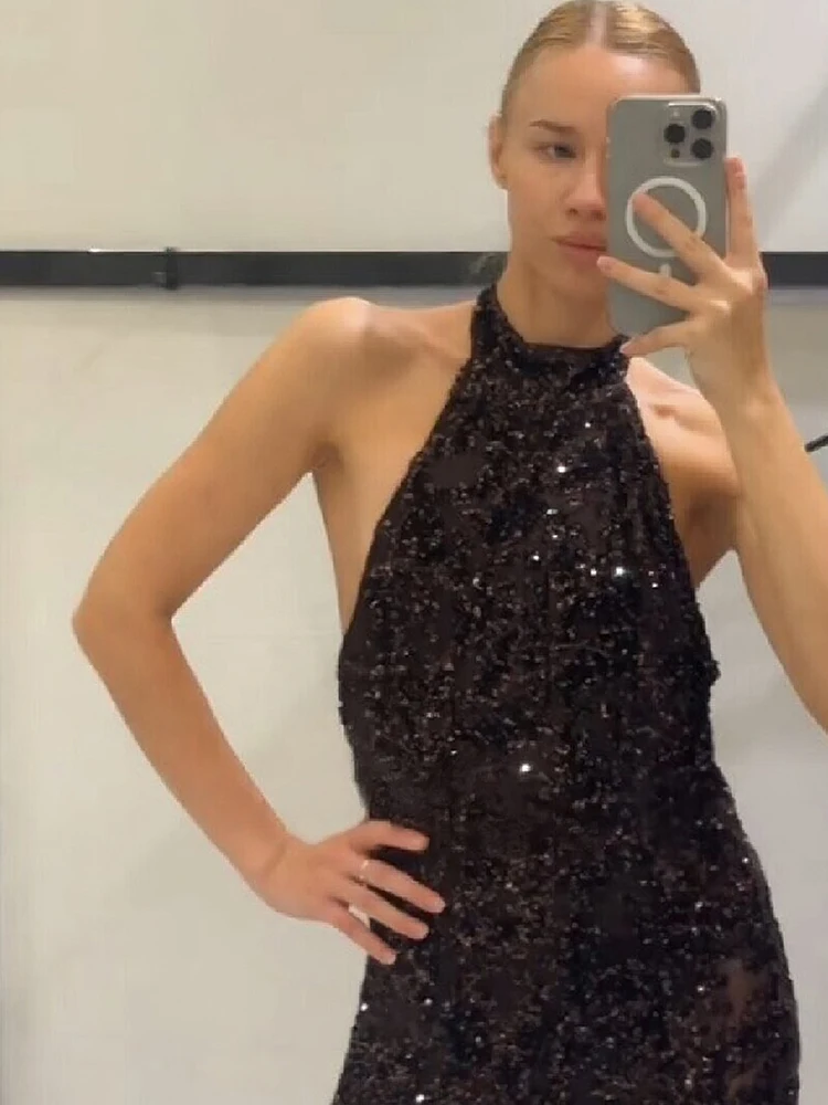 Elegant Sequin Shiny Halter Long Dress Fashion Sexy See Through Sleeveless Backless Slim Fit Gown NEW Lady Evening Party Outfit - view 5